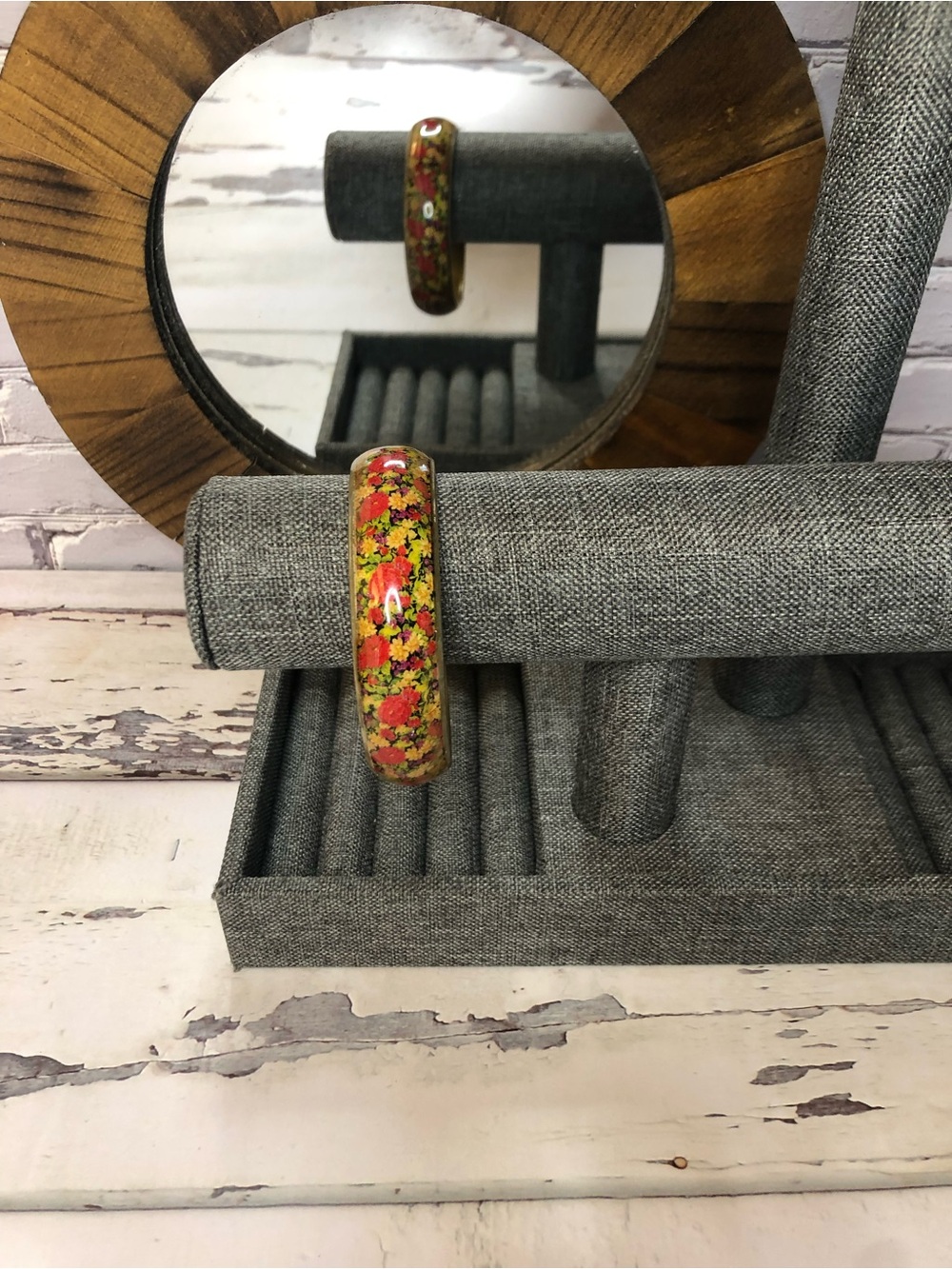 Vintage Floral Resin Bangle Bracelet in Red, Yellow, White & Green - Jewelry
